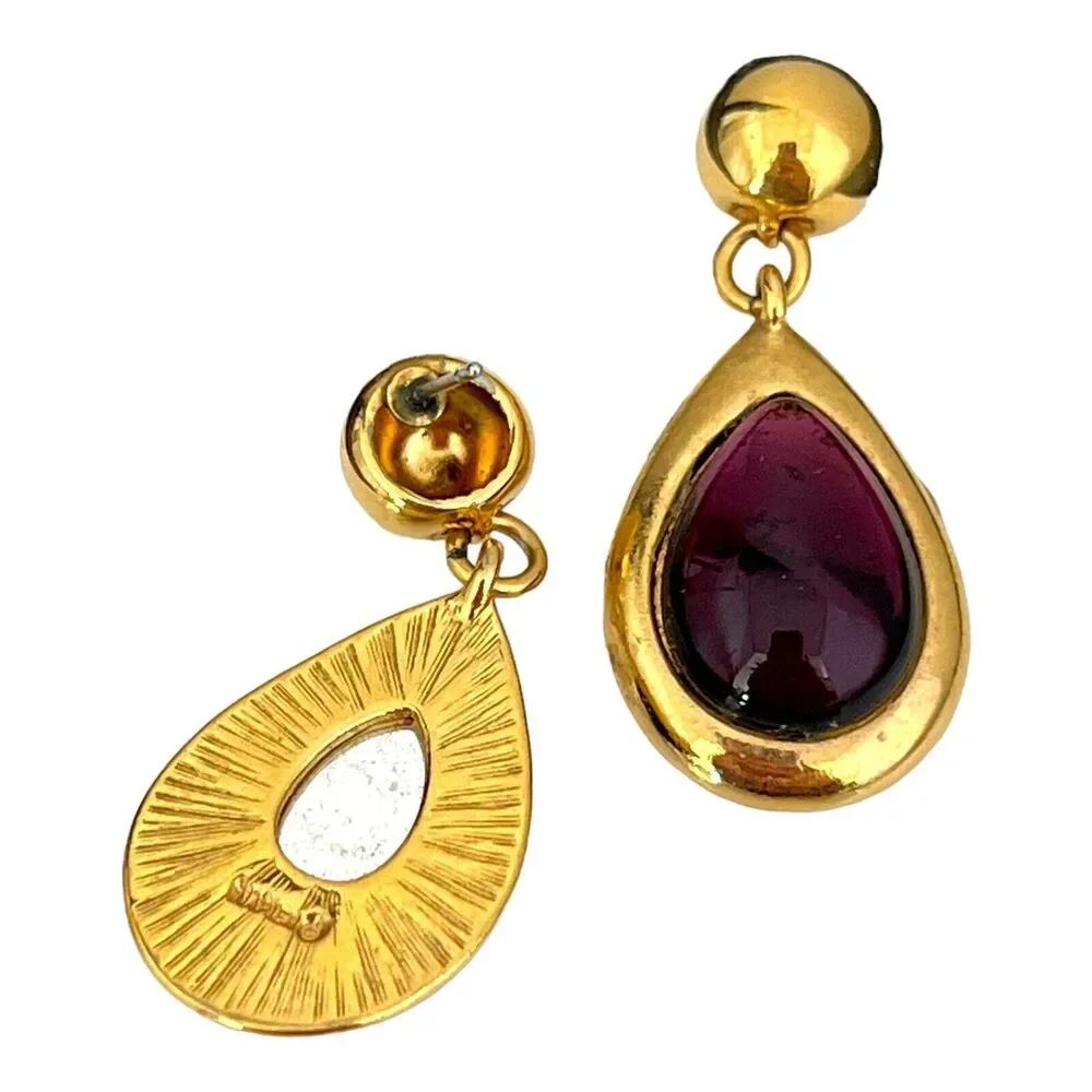 Vintage 1980s Napier Drop Earrings Gold Tone Gripoix Style Purple - 1E